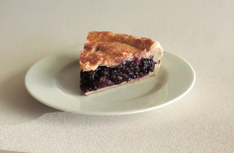 slice of blueberry pie made with frozen blueberries