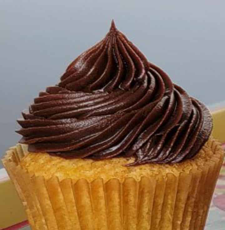 fudge icing piped on top of a cupcake