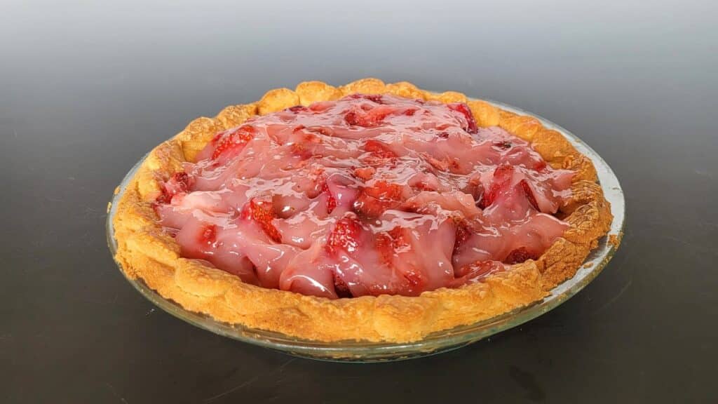 strawberry cream cheese  pie in glass dish