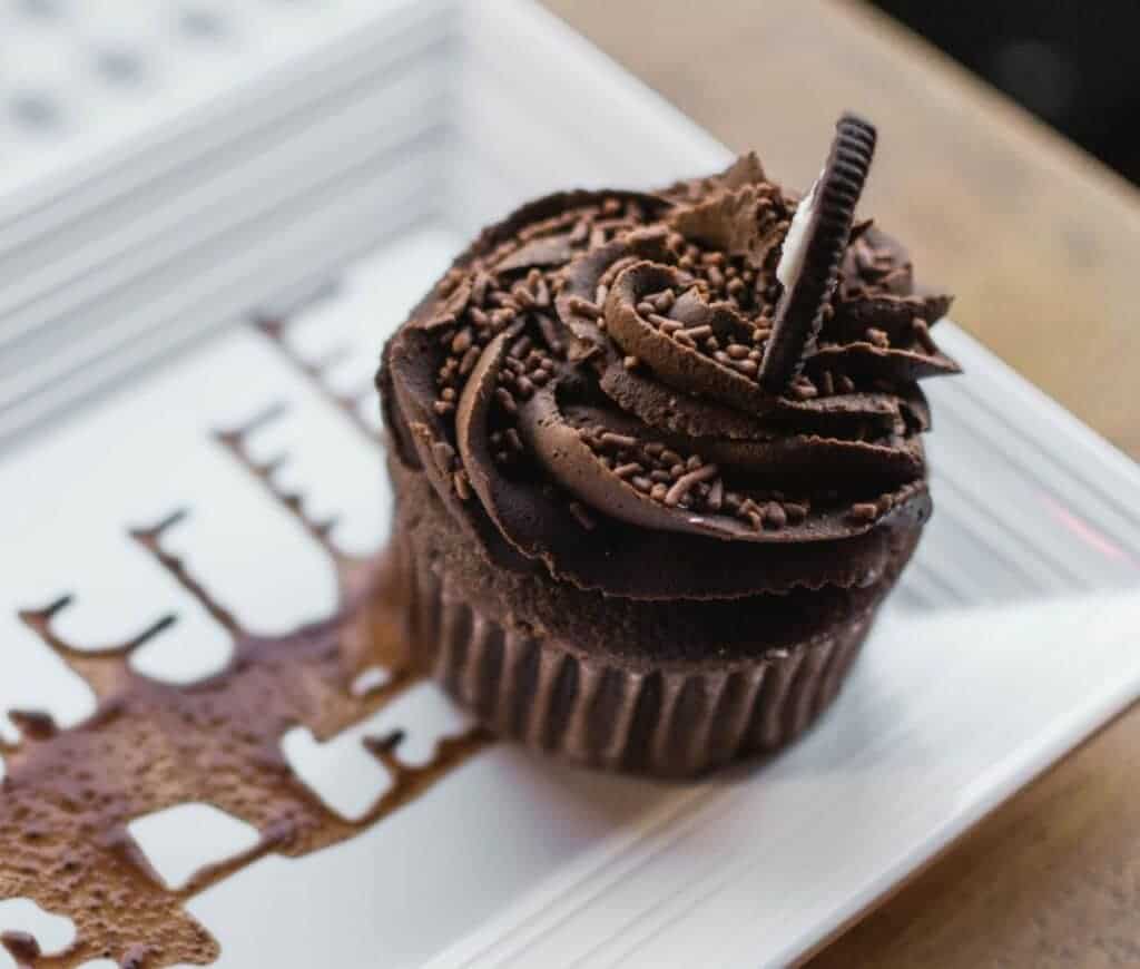 one chocolate cupcake with fudge icing