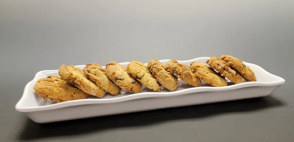 row of crunchy pb cookies with chocolate chips