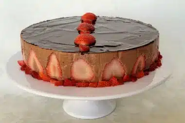 chocolate Bavarian cream cake with strawberries