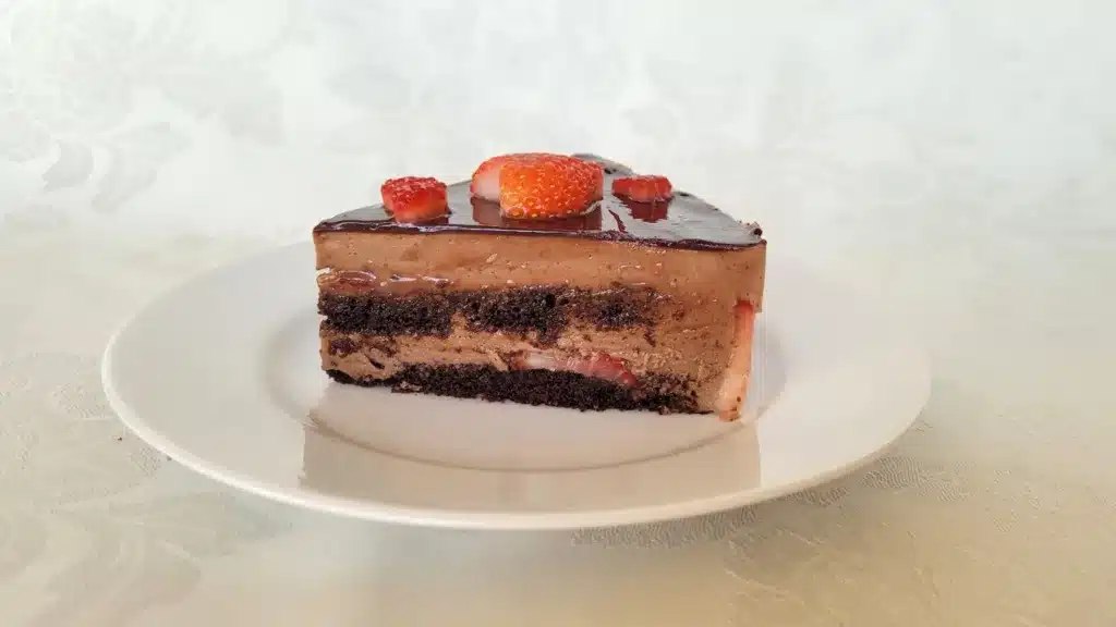 slice of chocolate Bavarian cake on a plate