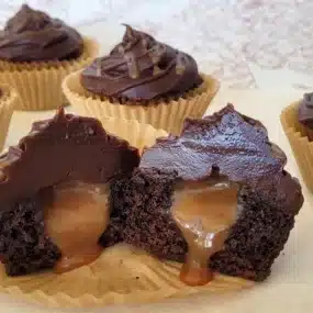 caramel filled chocolate cupcakes recipe for dessertswithstephanie.com