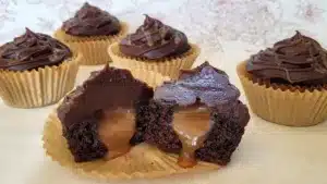 caramel filled chocolate cupcakes recipe for dessertswithstephanie.com