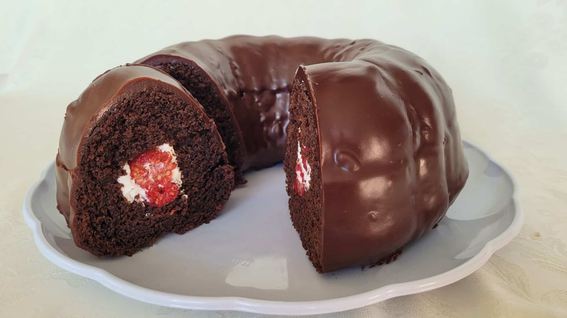 chocolate Bundt cake with raspberries and cream