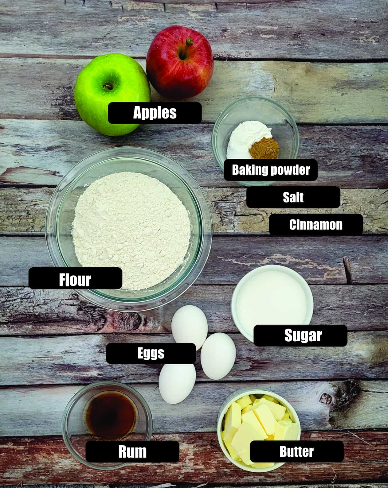 ingredients needed to make an apple rum cake