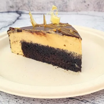 slice of caramel mousse cake on plate