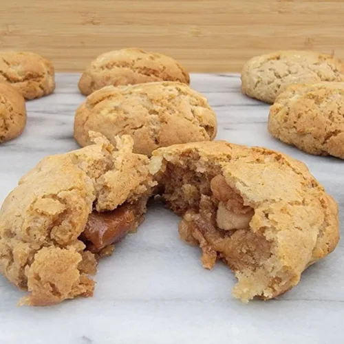 inside of apple cookies with a caramel center