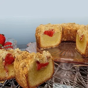 inside of coffee cake with strawberry tunnel
