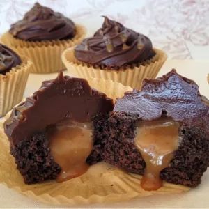 chocolate cupcakes with fudge and caramel