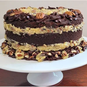German chocolate frosting on a chocolate cake