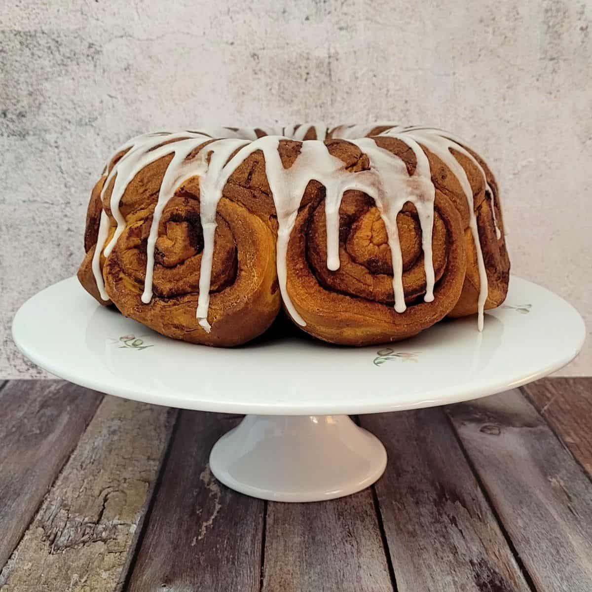 cinnamon roll Bundt cake on a serving platter