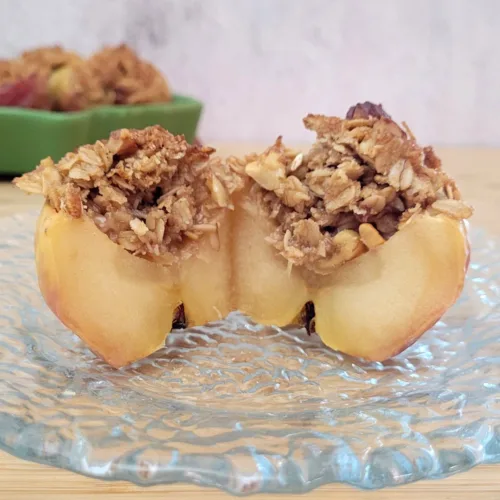 inside of old fashioned baked apples filled with oatmeal crumble