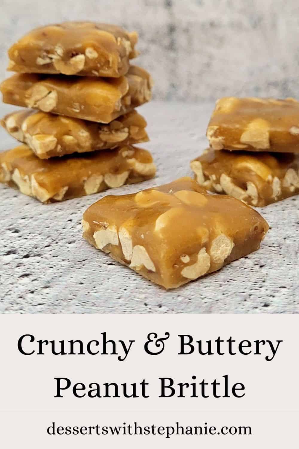 peanut brittle on a countertop with recipe name in text