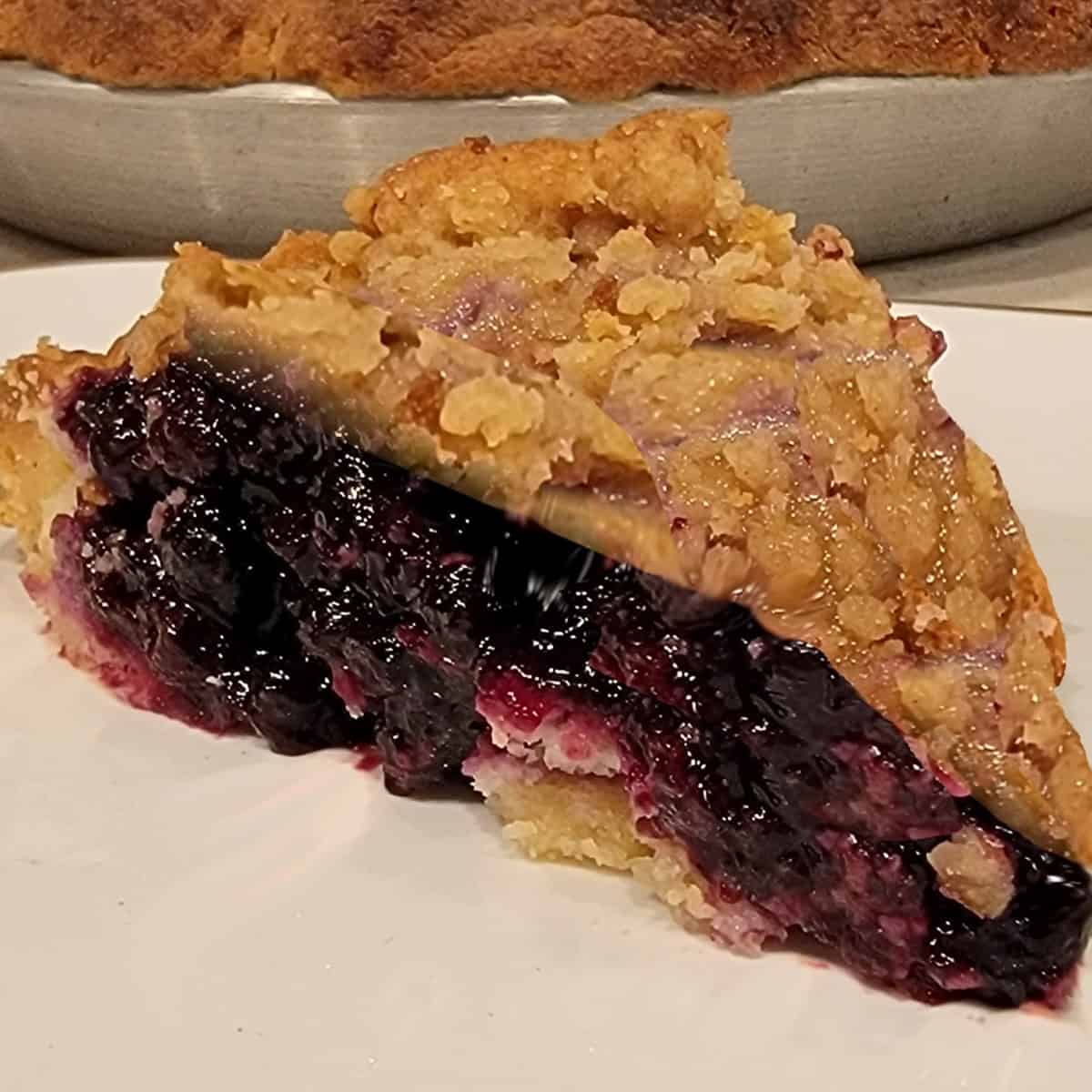slice of blueberry crumble pie on a white plate