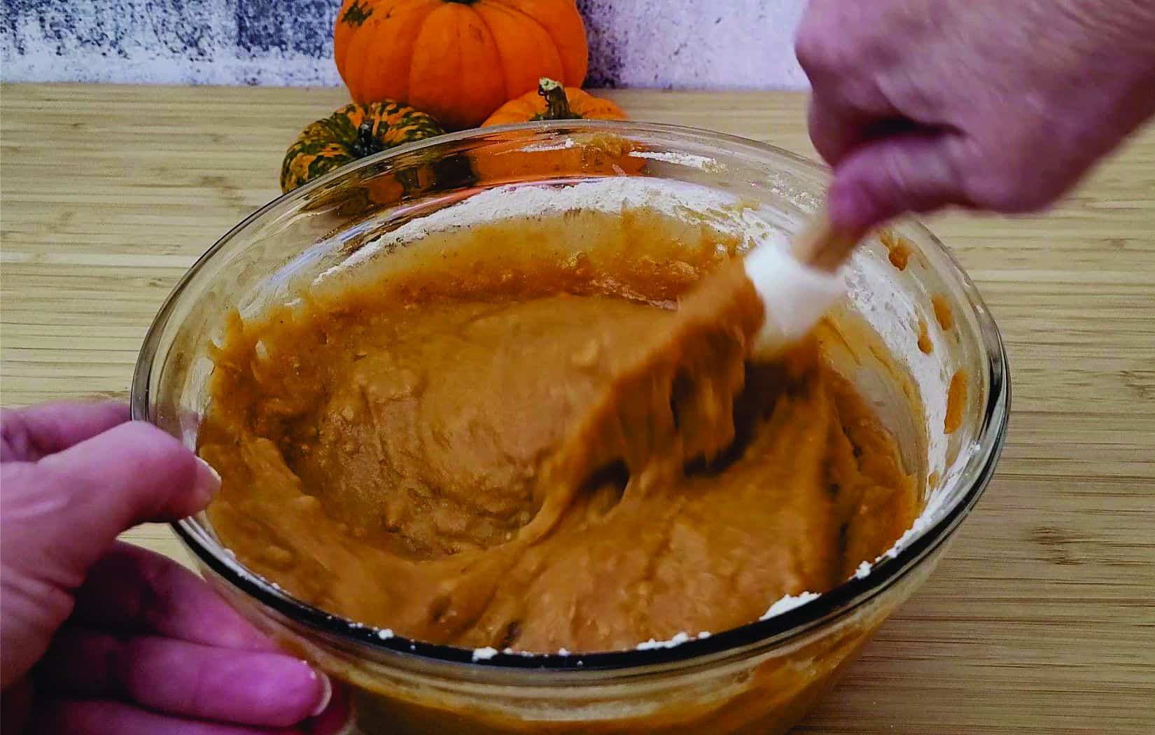 stirring cookie dough for pumpkin whoopie pies