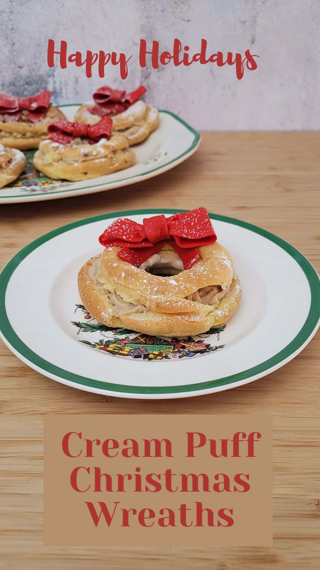 cream puff wreaths decorated with red bows and recipe title