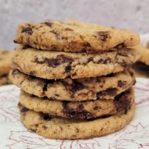 stack of five gluten free chocolate chip cookies
