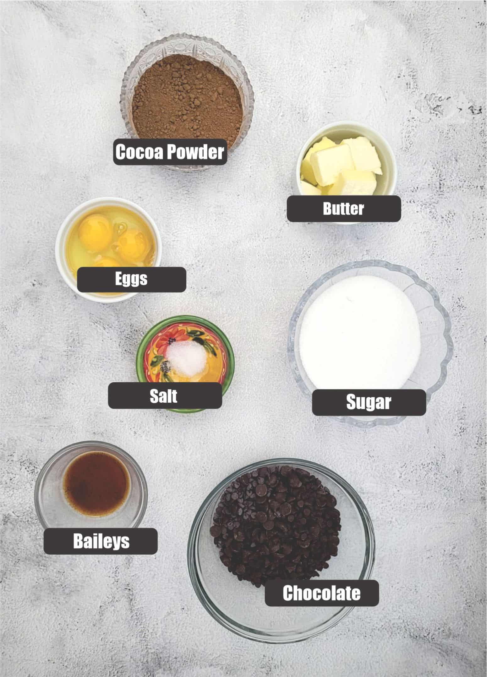 ingredients needed to make a flourless chocolate cake with Baileys Irish cream