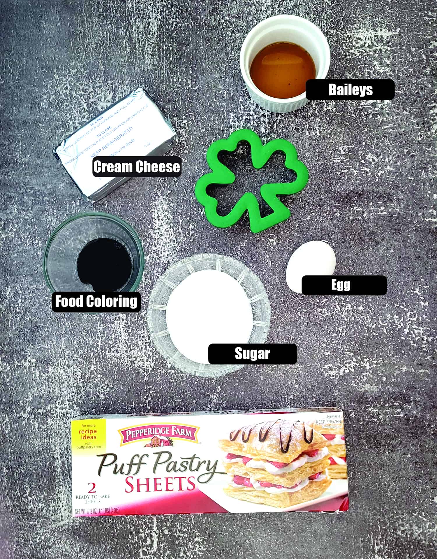 ingredients needed to make puff pastry Baileys shamrocks for St. Paddy's day