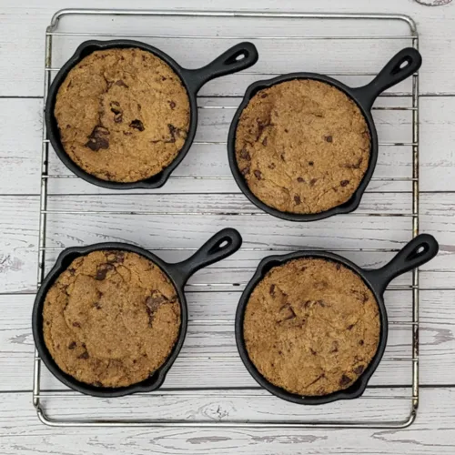 overhead view of individual serving skillet chocolate chip cookies