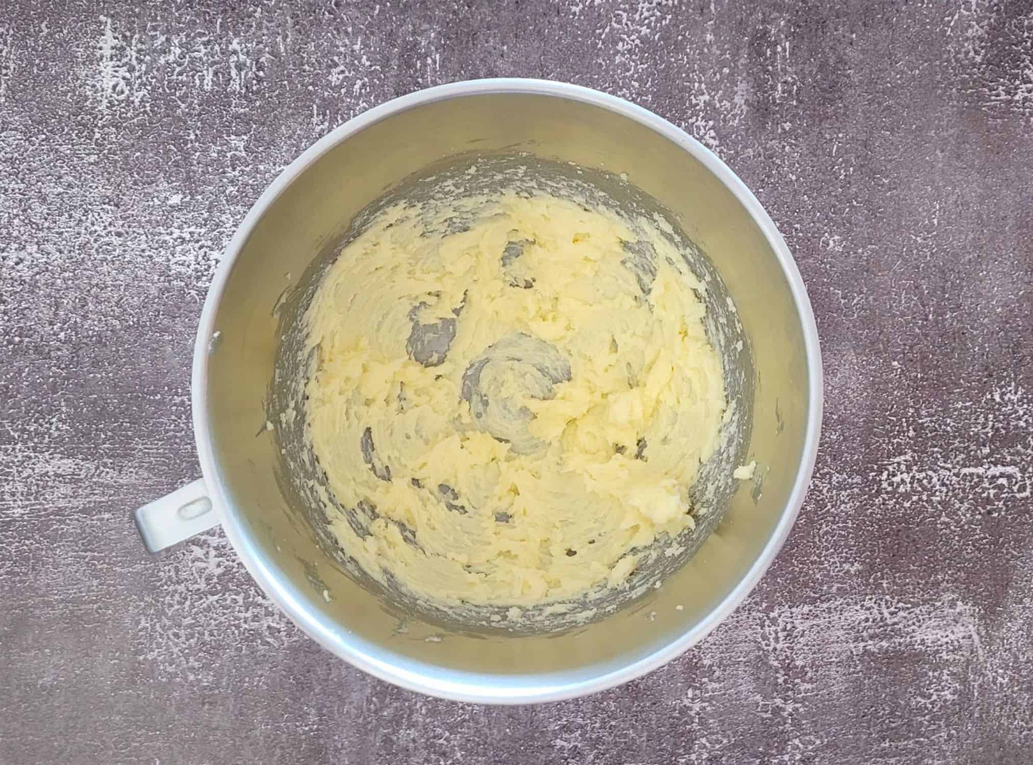 butter, sugar and salt creamed together in a mixing bowl