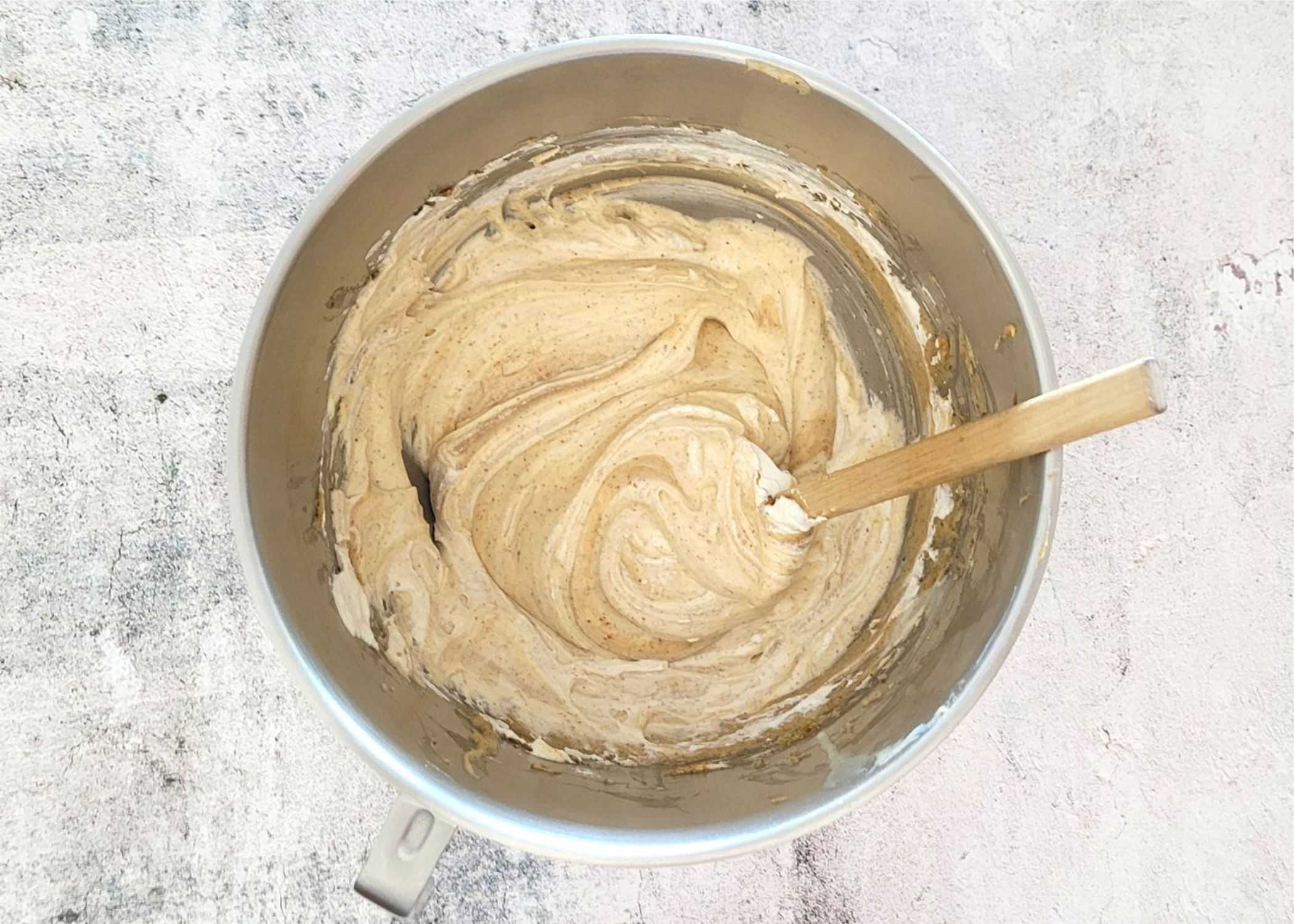 whipped cream folded into almond cream to make pie filling