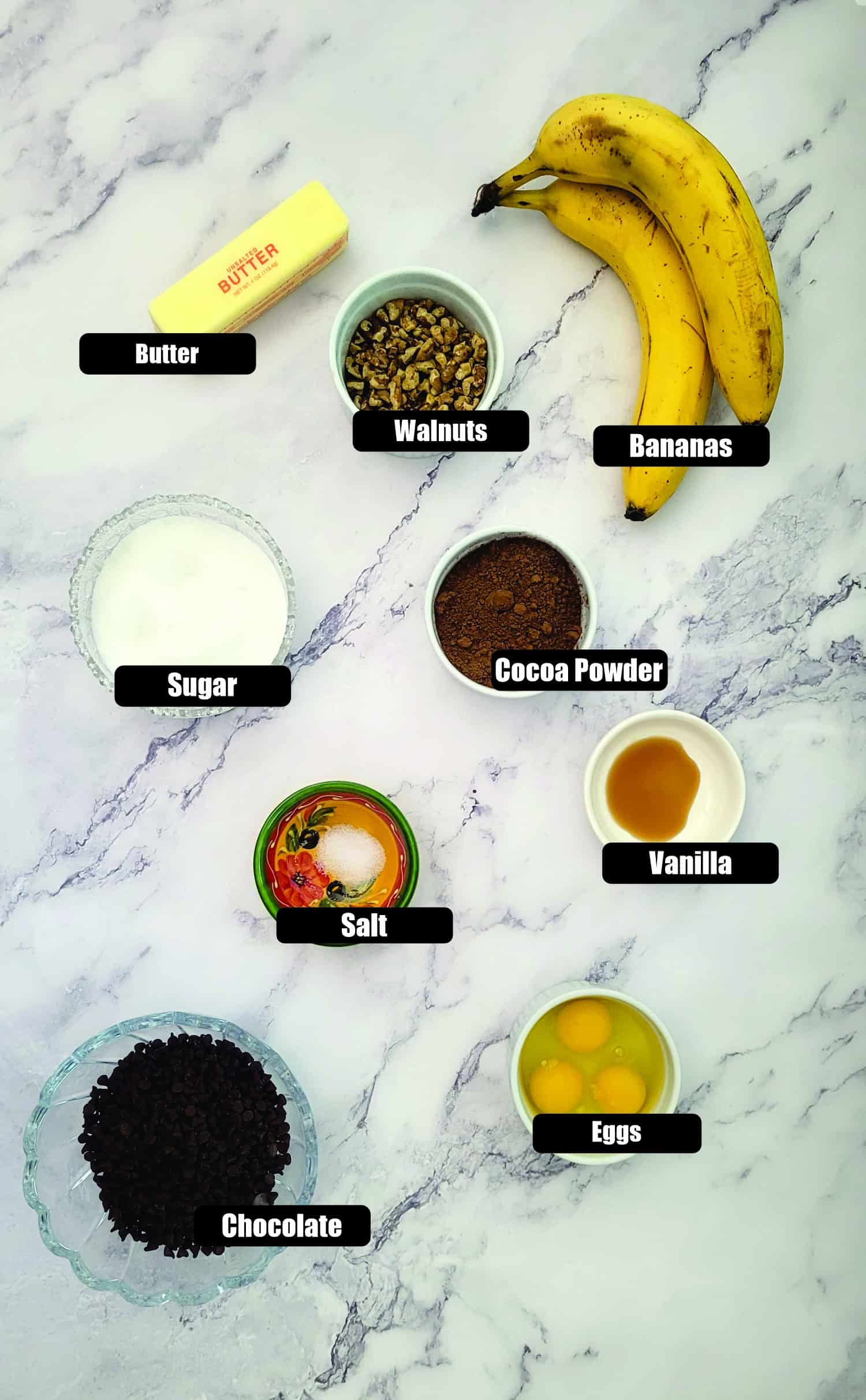 ingredients needed to make a banana chocolate flourless cake