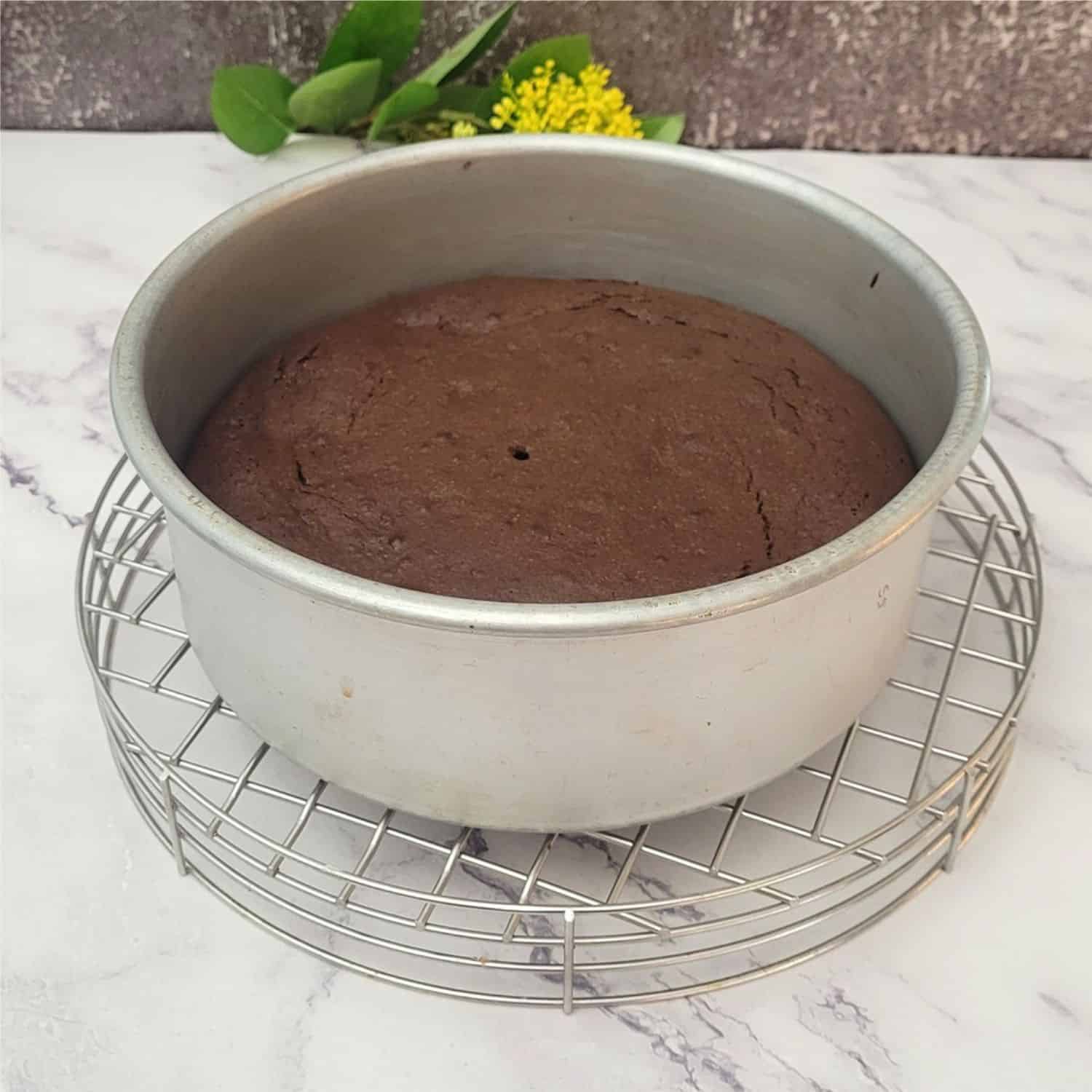 baked cake placed on a wire cooling rack