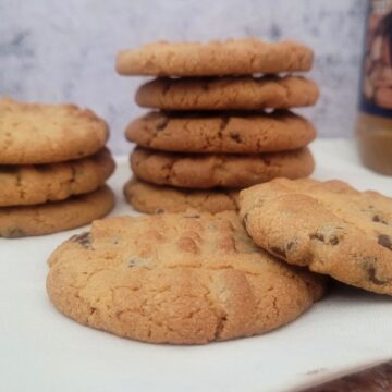 stacks of GF peanut butter cookies with mini chocolate chips