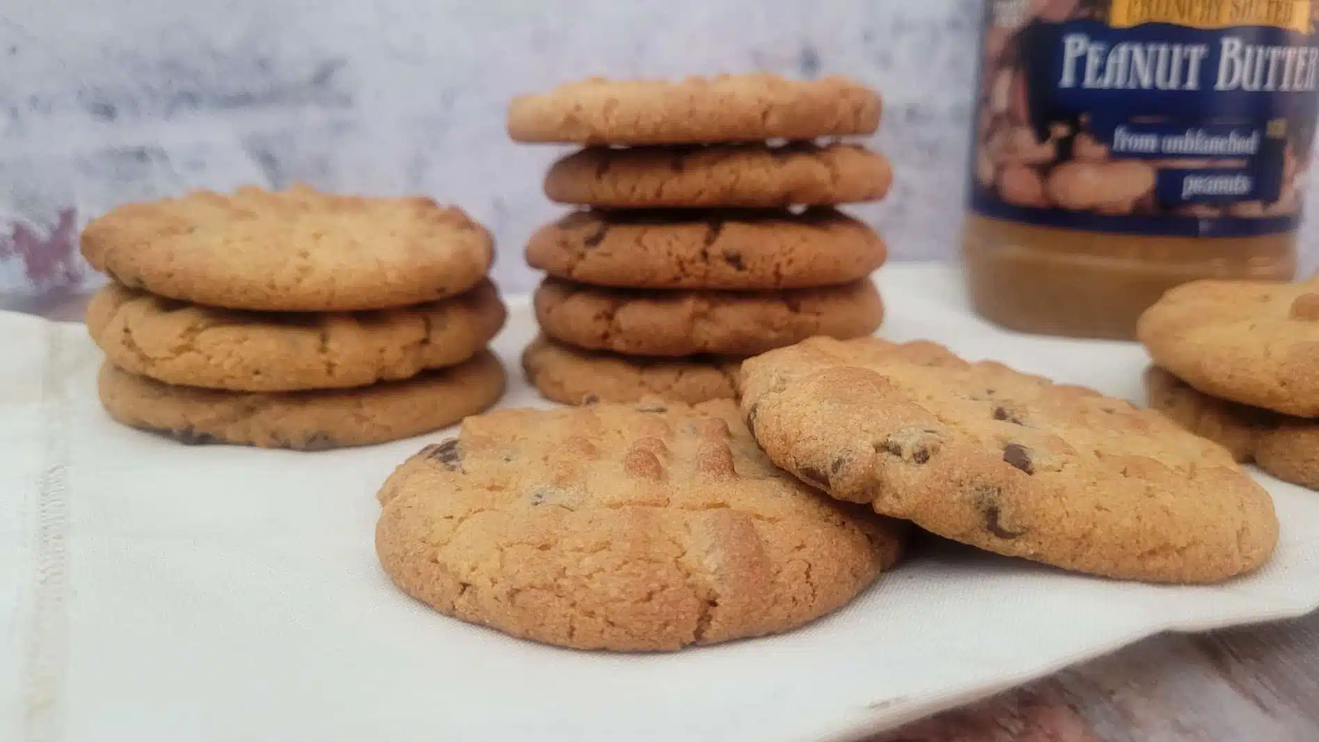 stacks of GF peanut butter cookies with mini chocolate chips