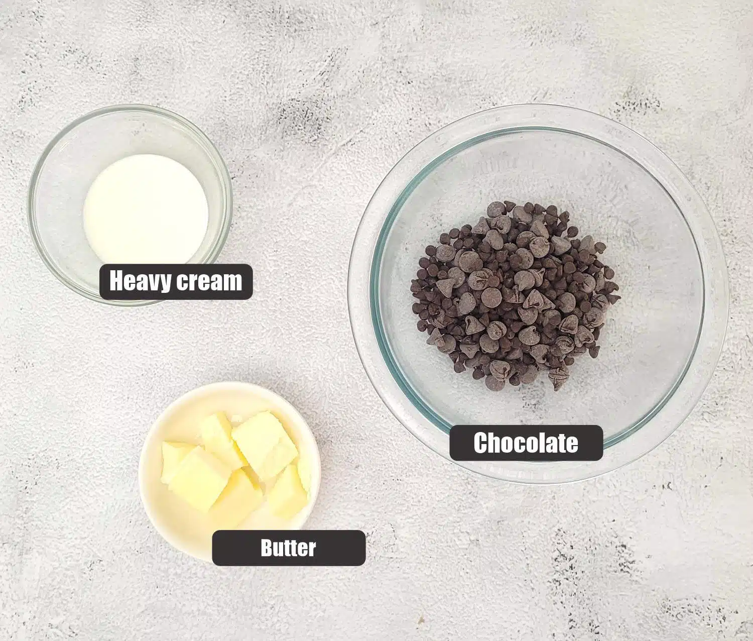 ingredients needed to make ganache topping for cake including butter, chocolate and heavy cream