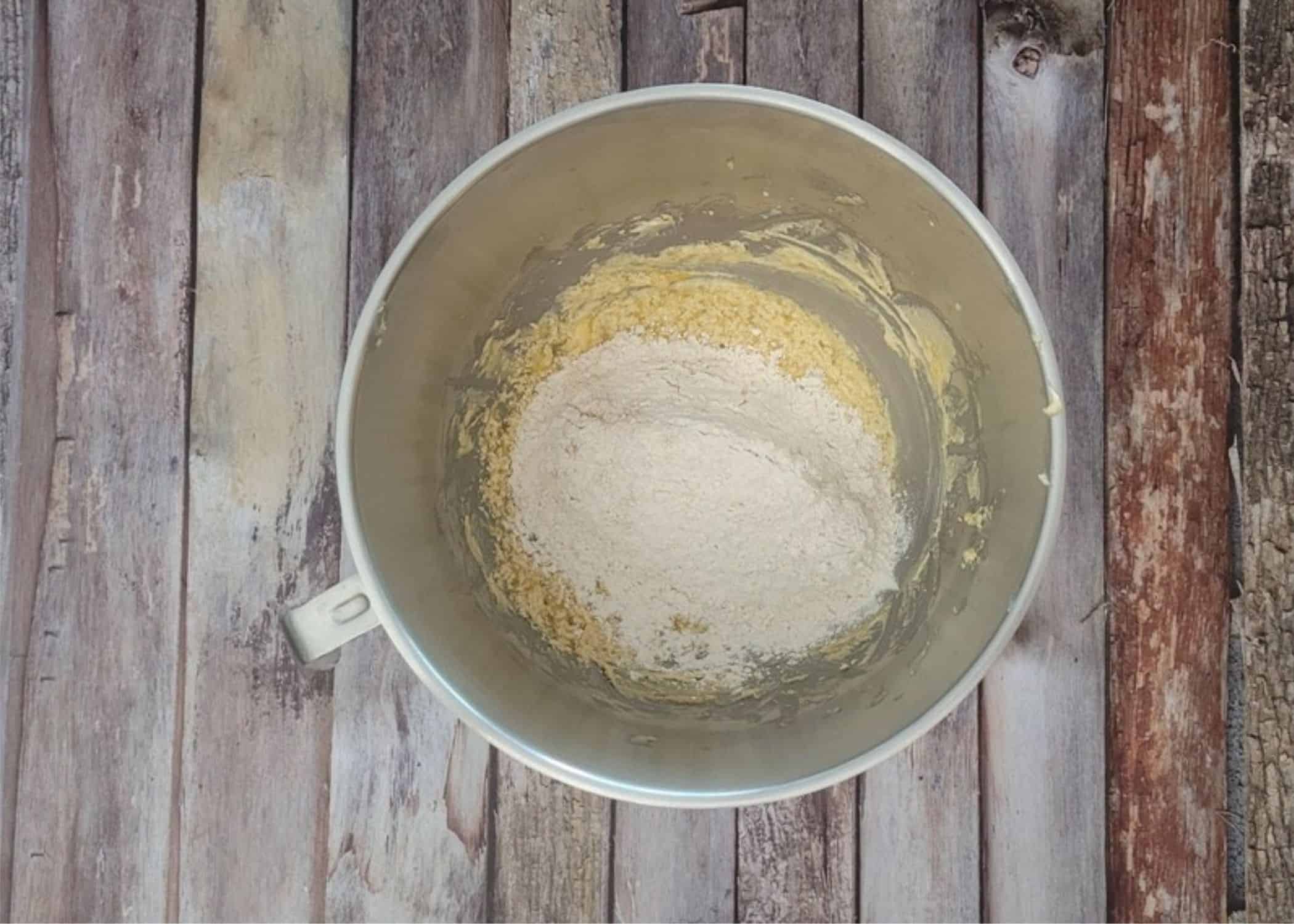 dry ingredients added to mixing bowl for final step in making cookie dough