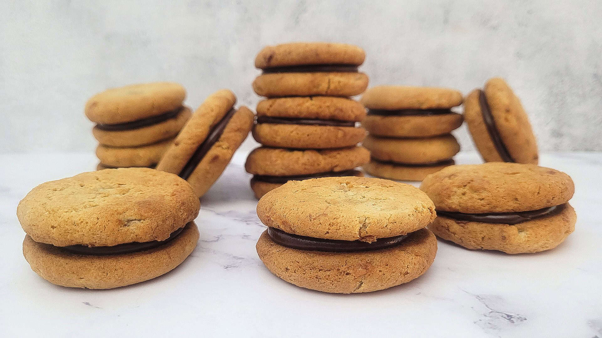 stacks of chocolate banana sandwich cookies