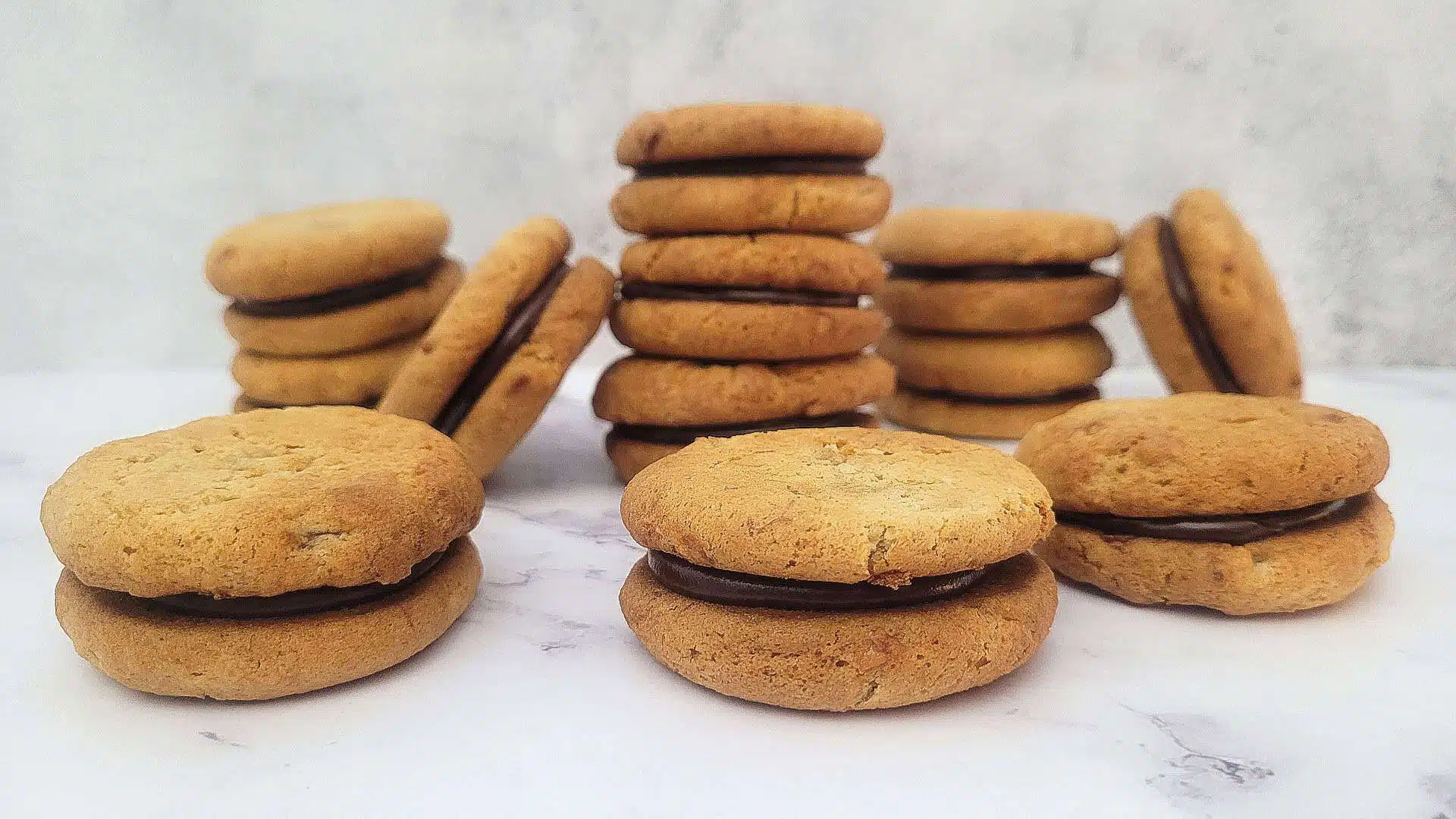 stacks of chocolate banana sandwich cookies