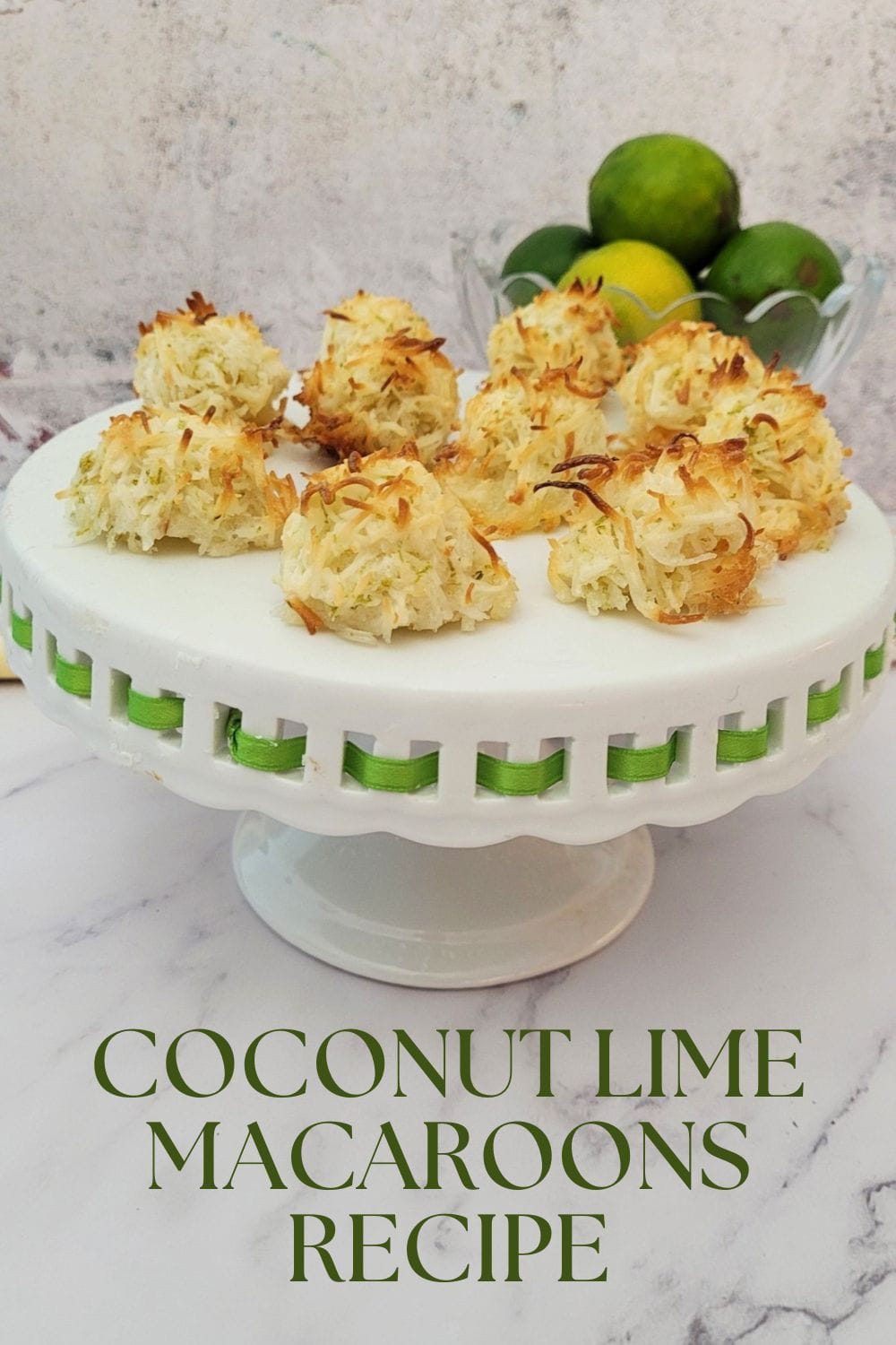 coconut lime macaroons on a stand and the name of the recipe in print