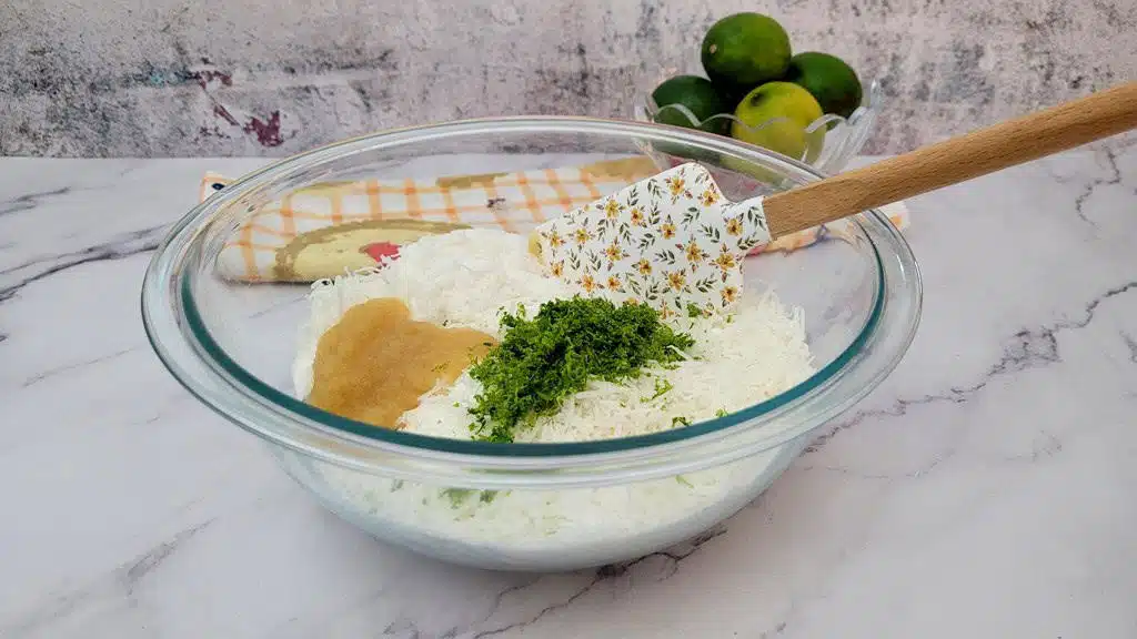 combine shredded coconut, lime zest, sugar and applesauce in a bowl