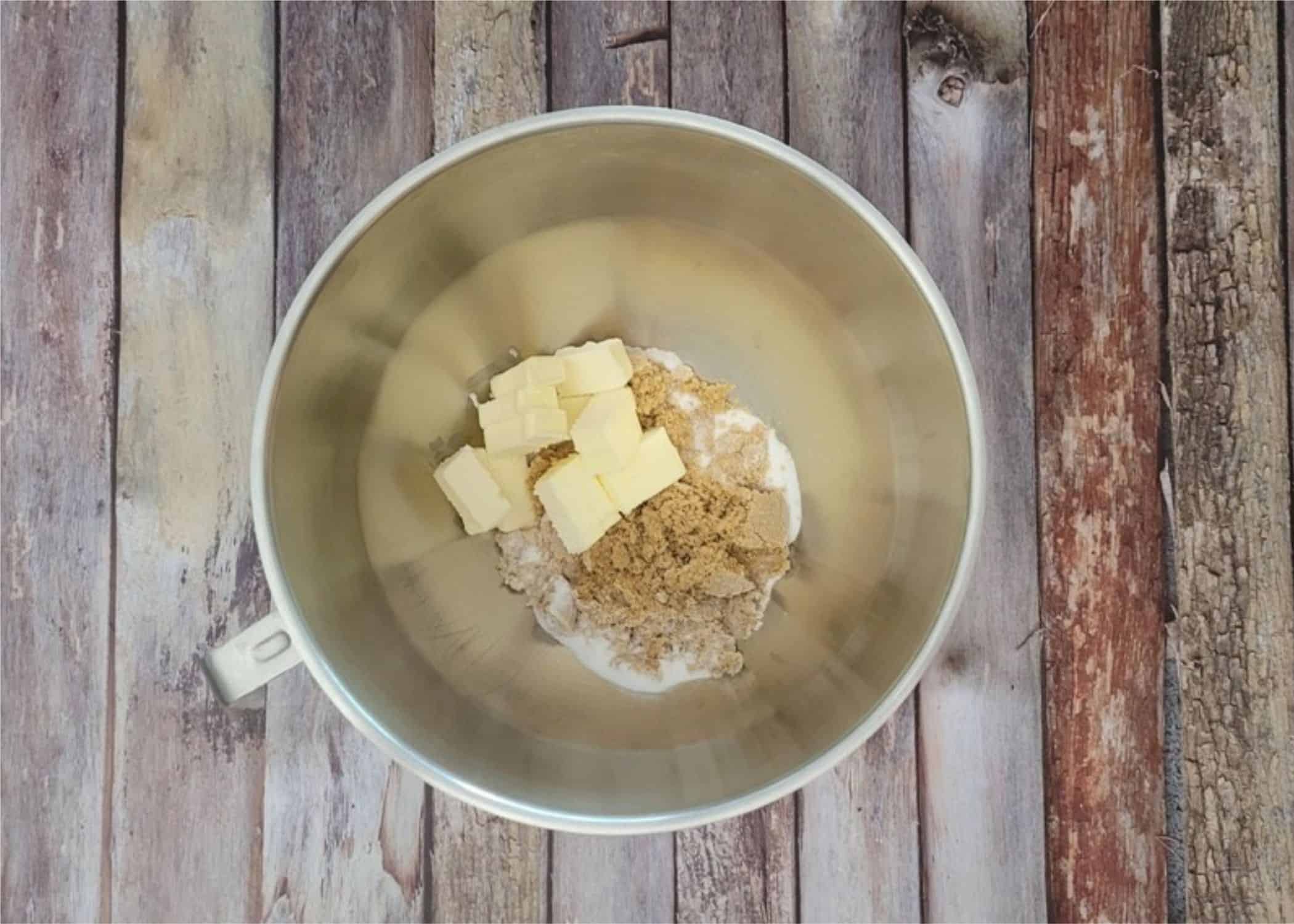 butter, granulated sugar and brown sugar in a mixing bowl