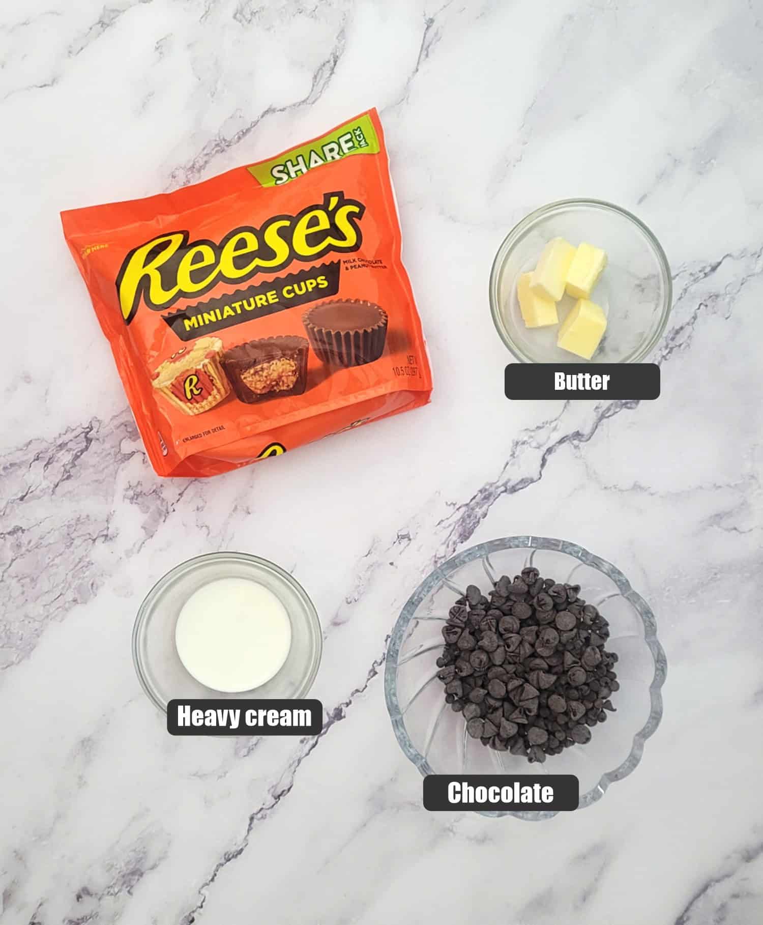 ingredients needed for cookie filling including Reeses, chocolate, cream and butter