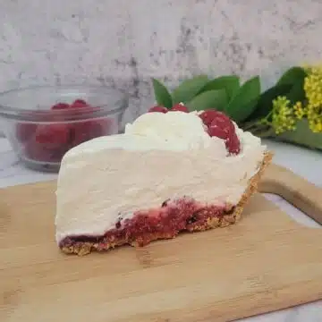 slice of raspberry cream pie made with a no-bake recipe