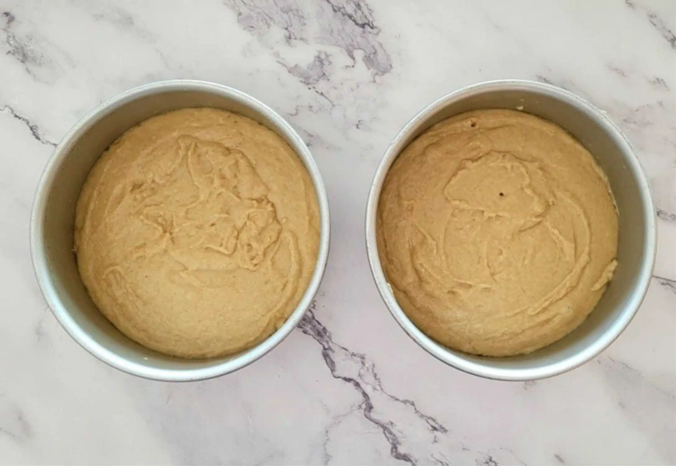 two cake pans filled with spice cake batter