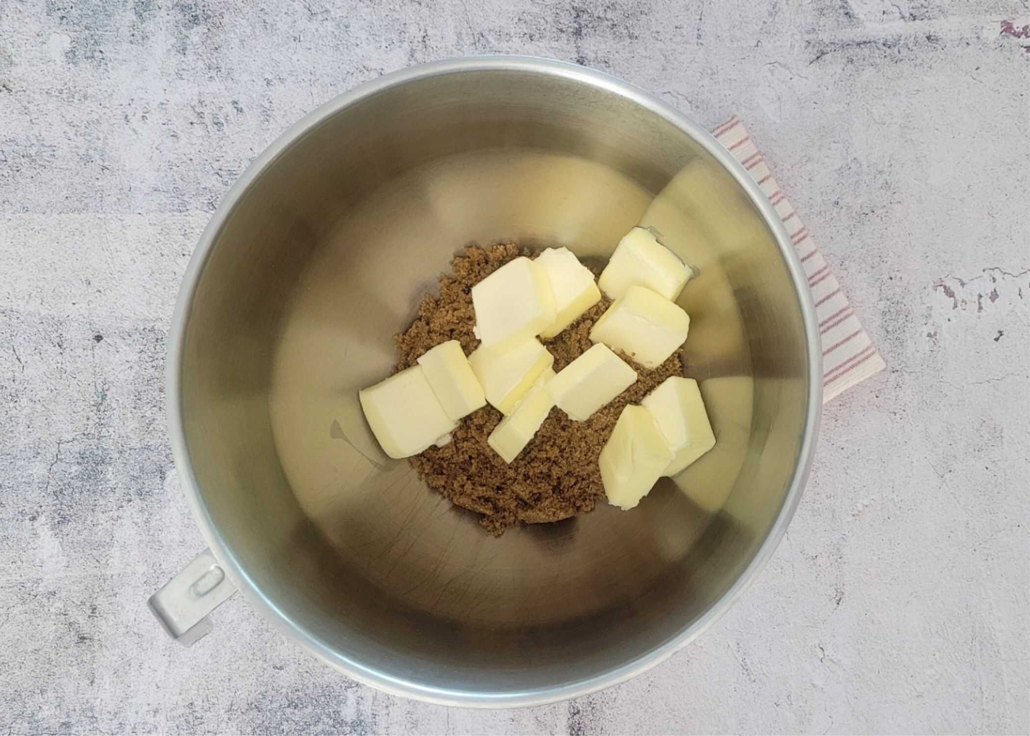 butter and brown sugar in a mixing bowl