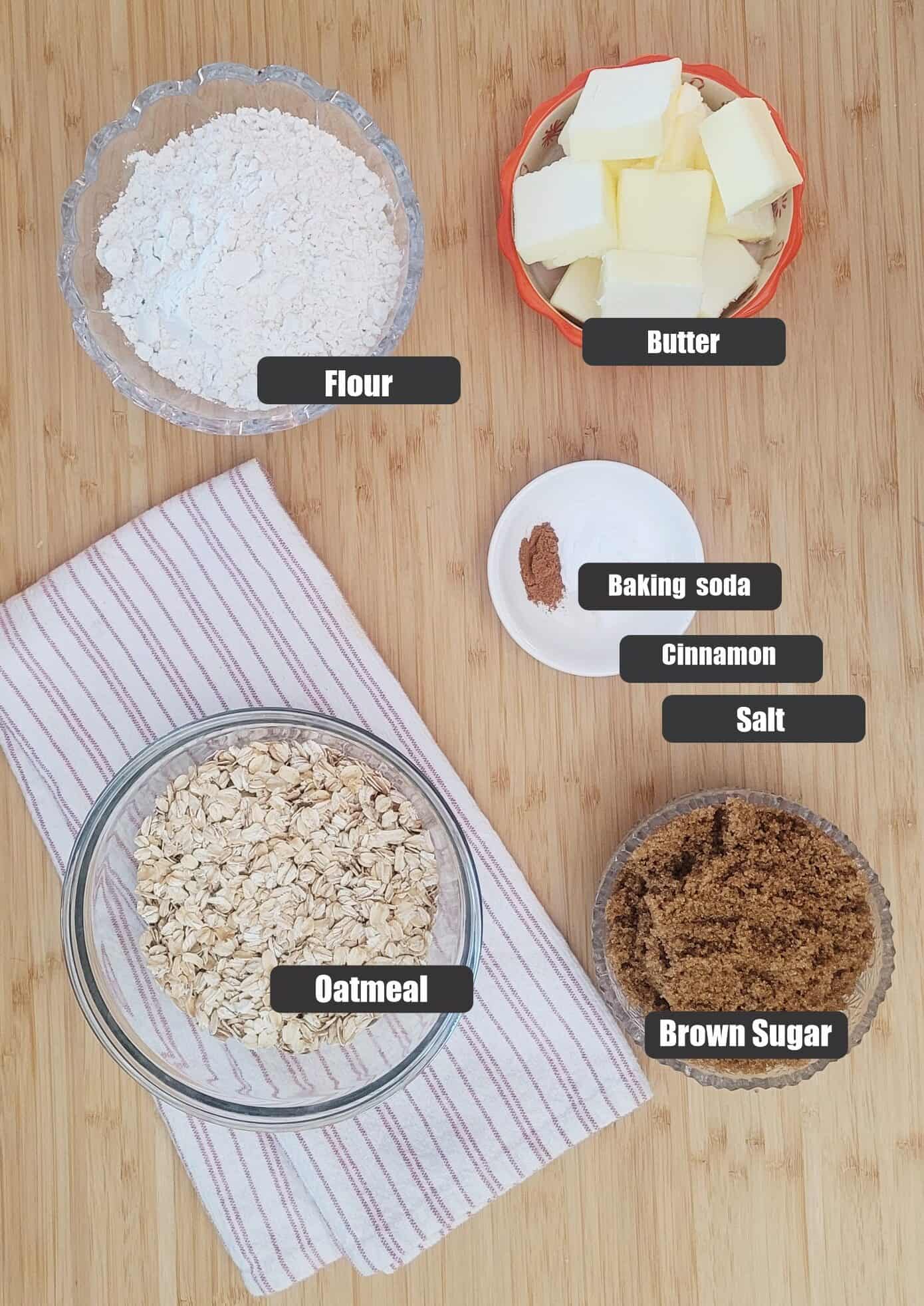 ingredients needed for the cookie dough including flour, baking soda, salt, ground cinnamon, brown sugar and butter