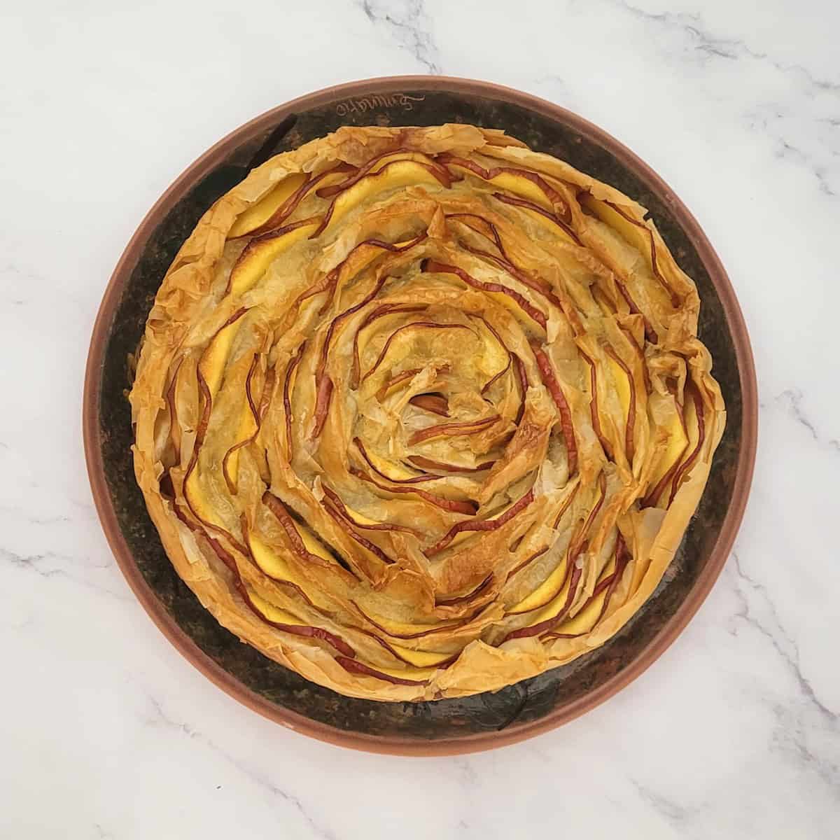 overhead view of apple crinkle cake after baking