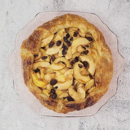 overhead view of an apple raisin galette