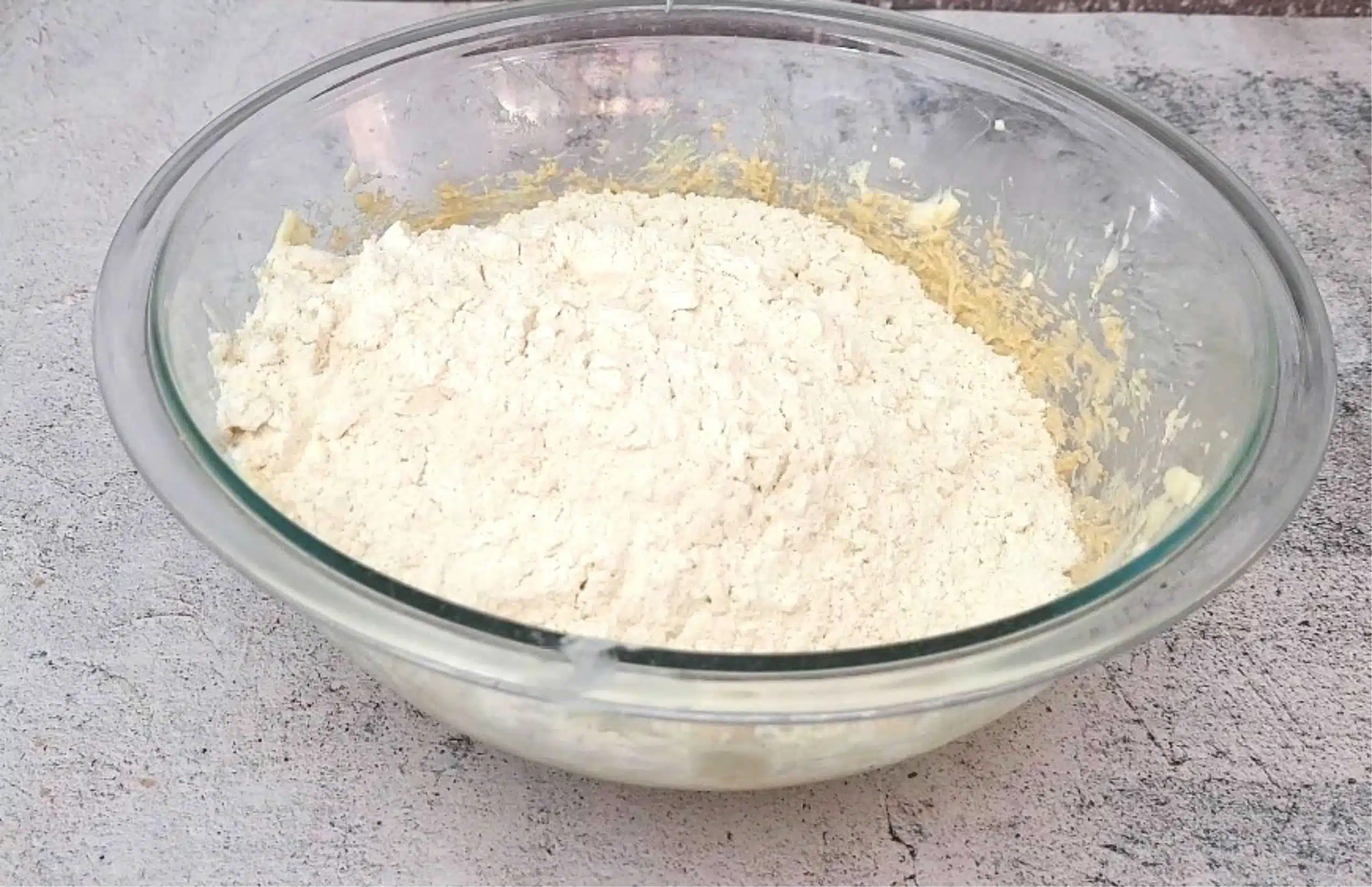 dry ingredients added to mixing bowl to make cookie dough