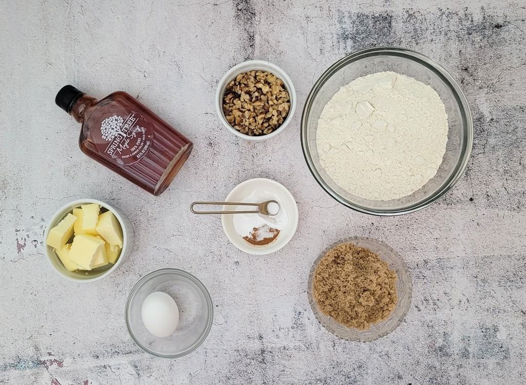 overhead view of ingredients need to make maple walnut cookies