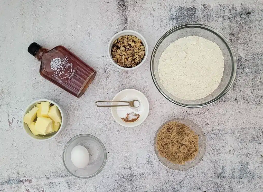 overhead view of ingredients need to make maple walnut cookies