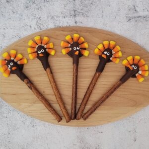 thanksgiving turkey pretzels on a wooden board